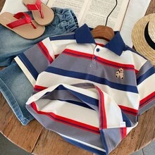 幼儿男童短袖 Polo 衫，新款夏季条纹休闲凸纹领上衣，时尚柔软 T 恤