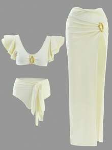 Solid 3 Piece Bikini Sets Sexy Halter Swimsuit Ruffle Cute Swimwear 2025 Summer Beach Vintage Bikini Set