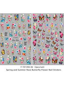 2 Pcs/Set Rose, Butterfly & Floral Nail Art Stickers, Disposable Self-Adhesive Nail Decals For Women & Girls DIY Nail Decoration, Spring/Summer