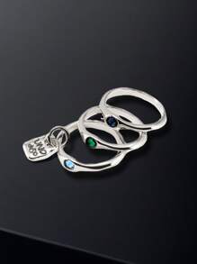 1pc Luxurious Layered Silver-Plated Colorful Crystal Embellished Ring Set, Party Music Festival Birthday Gift For Women