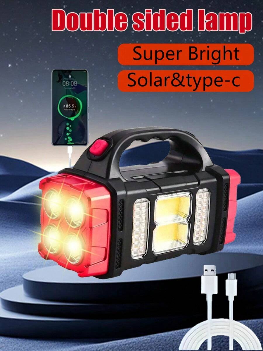 2PCS Solar Powered/Type-C Rechargeable LED Flashlight, 1500mAh Lithium Battery, Tactical COB Work Light, 4 Modes, Emergency Power Function, Portable Flashlight, Suitable For Camping, Night Climbing, And Exploration - Đỏ 2 cái - Xem 1