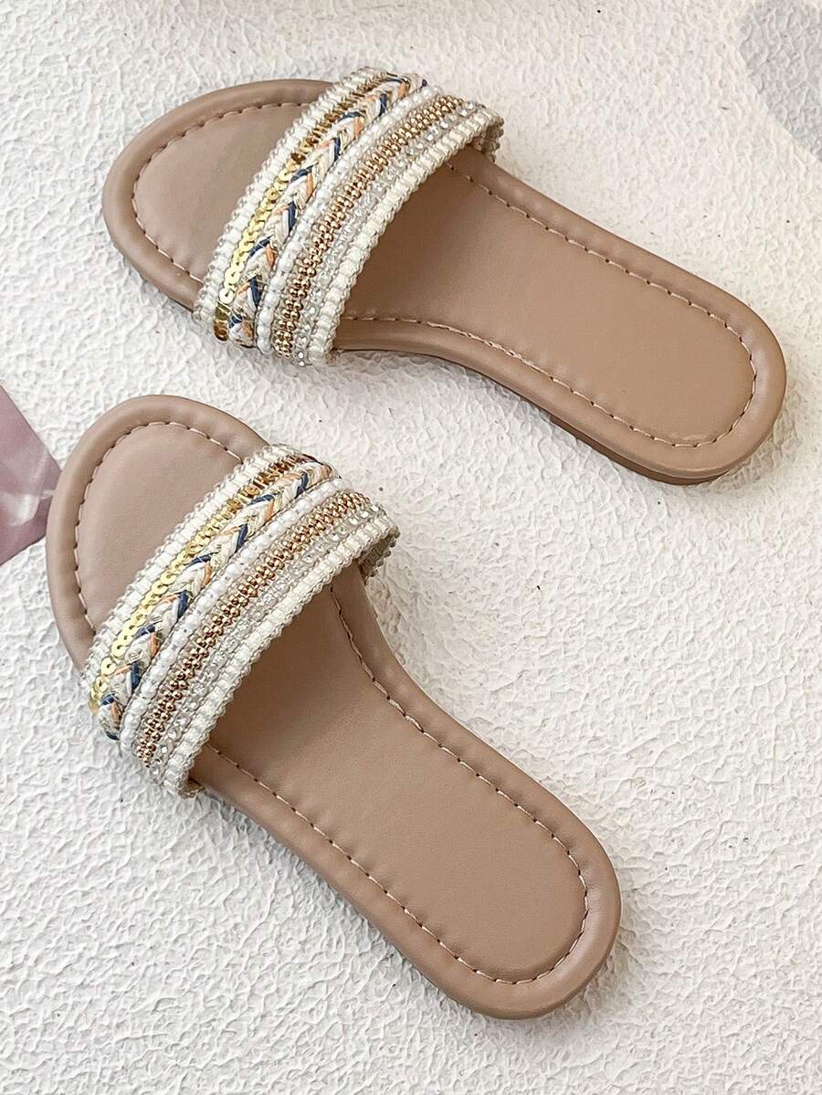 Girls Beaded Strap Style Fashion Beach Sandals, Comfortable Non-Slip Outdoor Everything - Beige - View 1