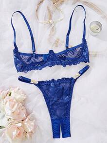 1 Set Floral Lace Lingerie Set - Plunge Bra And Alluring Crotchless Panty - Women's Delicate Lace Design Intimate - Xanh đậm - Xem 2