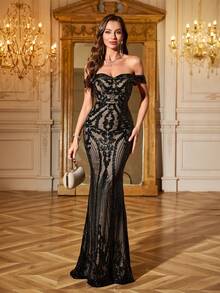 UNITHORSE [Random Cut] Women's Off-Shoulder Backless Dress, Shiny Sequin Elegant Evening Gown, Bridal Dress, Birthday Dress, Graduation Dress, Formal Dress, Robe, Wedding Guest Dress - Black - View 1