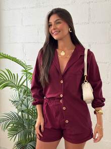 Long Sleeve Top And Shorts Set Combination - 酒紅色 - 查看 2