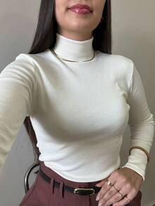 Women's Ribbed Blouse Long Sleeve High Neck Basic  Casual Modern Second Skin Cream - Kem - Xem 1