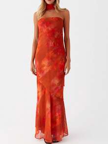 Women Y2k Floral Tube Maxi Dress With Scarf Sleeveless Strapless Backless Mesh Long Bodycon Dresses Formal Cocktail Sundress - 珊瑚橙 - 查看 2