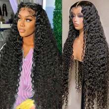 36 Inch Deep Wave Lace Front Wigs Human Hair 13x4 HD Lace Front Wigs Human Hair Pre Plucked Curly Deep Wave Wig Human Hair Glueless Frontal Wigs Human Hair For Women Wet And Wavy Wig 200% Density - Natural Black - 查看 3