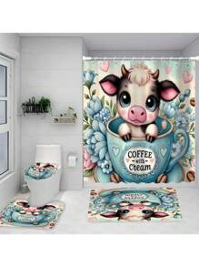 1/4pcs Cartoon Cow Print Bathroom Set, Includes Waterproof Shower Curtain, Non-Slip Mat, Toilet Lid Cover, Bath Mat And 12 Plastic Hooks, Bathroom Decor, Home Decor, Dorm Decor, Autumn, Villa Decoration Back To School