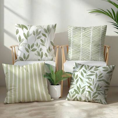 Set de 4 fundas de cojín con patrón geométrico de hojas minimalistas en color verde, material de terciopelo melocotón impreso por un solo lado, tamaños 45*45/50*50/40*40CM para decoración de sofá moderno, decoración de fiestas, regalo