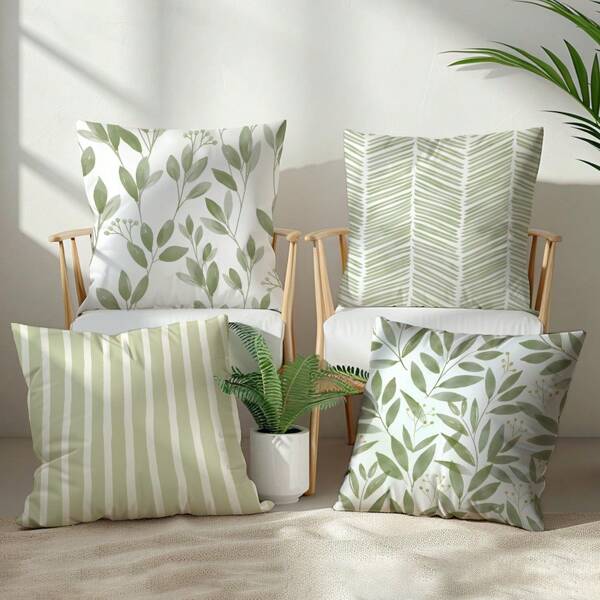 Set de 4 fundas de cojín con patrón geométrico de hojas minimalista en verde, impresas por un solo lado en tela de microfibra, de 45*45cm/50*50cm, adecuadas para decoración moderna de sofás, fiestas y regalos
