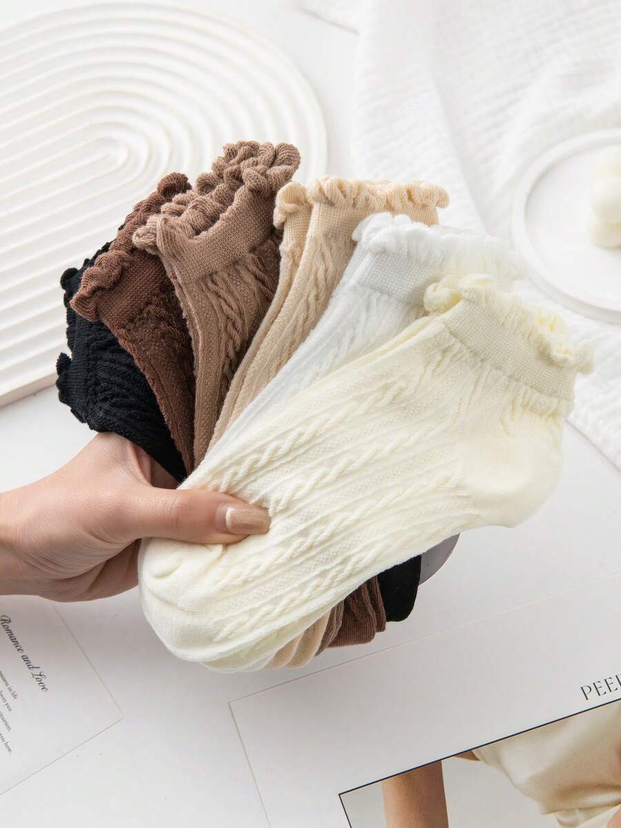 1/5双可爱蕾丝边短袜，甜美洛丽塔风格，春季 - 彩色 - 查看 1