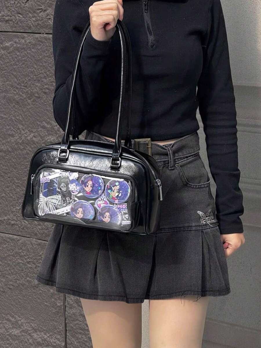 日系元素新款pu皮黑色丝带蝴蝶结透明娃娃机车包大容量休闲简约女生购物单肩斜挎包