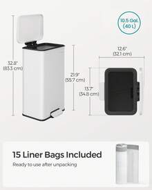 SONGMICS Kitchen Trash Can, 10.5 Gallon (40 L) Garbage Can, Large Step Trash Bin With Lid, Stainless Steel, Soft Close, 15 Trash Bags Included - 白色 - 查看 7