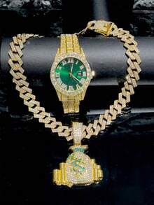 一套男士嘻哈镀金现金袋吊坠项链+绿色手表挂饰