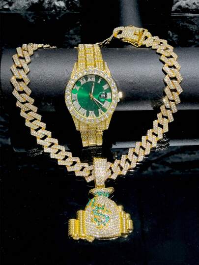 一套男士嘻哈镀金现金袋吊坠项链+绿色手表挂饰