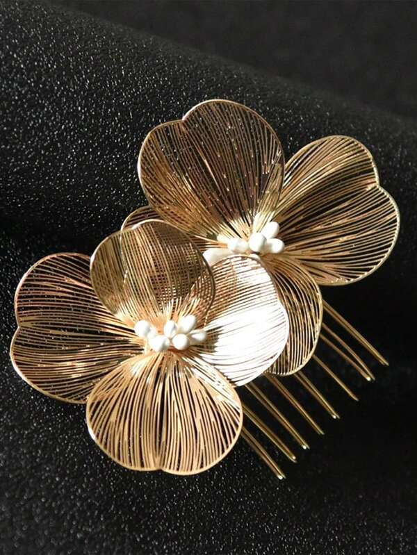1 pieza Peineta de flores vintage de lujo con accesorio nupcial de alambre dorado calado tejido a mano para recogido de boda