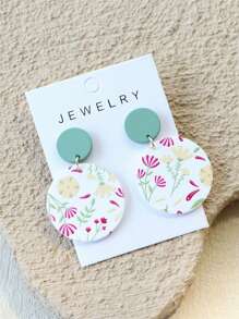 1 Pair Women's Elegant Ceramic Textured Small Yellow Flower Print Round Acrylic Earrings