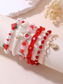 6pcs/Set Girls Strawberry, Pearl, Butterfly, Heart Beaded Bracelet Set - Multicolor - View 12