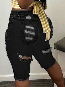 Women's Casual Distressed Raw Hem Denim Shorts With Pockets - Black - View 5