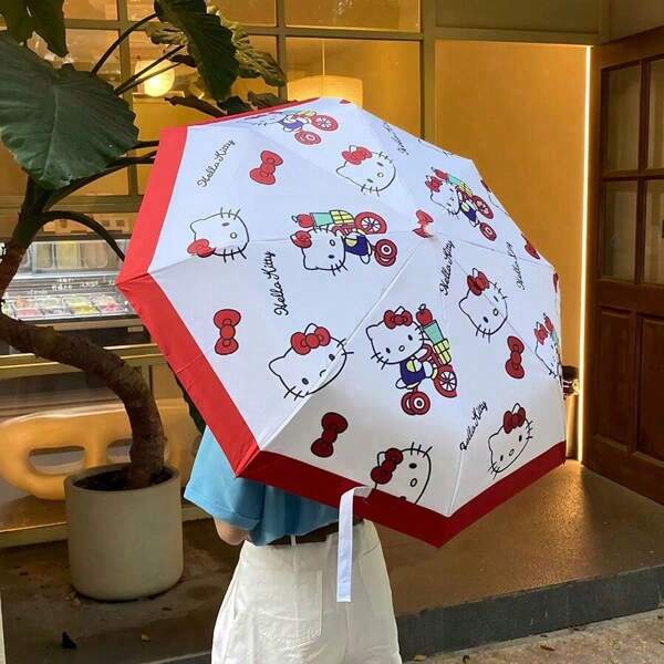 Sanrio 1pc Sanrio Automatic Umbrella, Kitty Design, Red Color, Sunshade, Rainproof, Foldable, UV-Proof