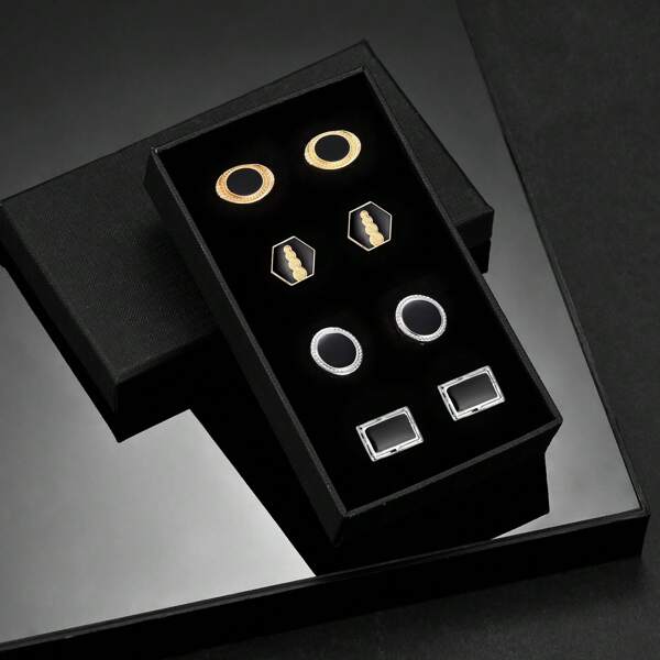 4 Paare Gold & Schwarz Zinklegierung Manschettenknöpfe mit Geschenkbox, ideales Geschenk für Männer, ganzjährig