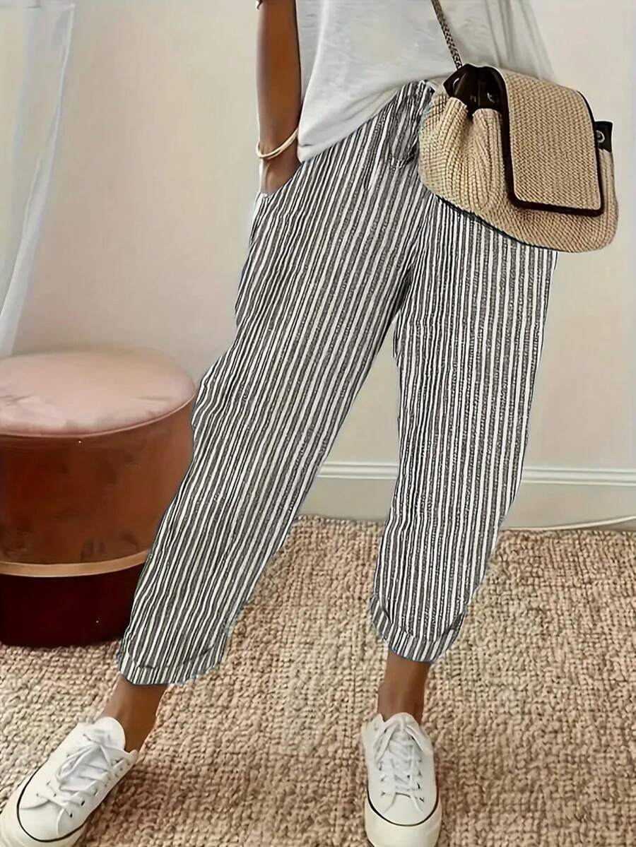 Women's Spring & Summer Striped Print Pocket Drawstring Elastic Waist Straight Leg Casual Pants - Khaki - View 1