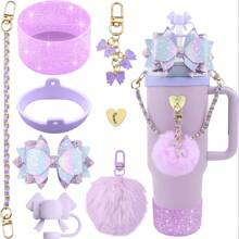 Set de 8 piezas de accesorios brillantes para vasos de 30oz y 40oz, que incluye tapa con cubierta de silicona para pajilla, correa de manija para botella de agua, cadena de encanto, gancho con forma de corazón, funda para vaso, lazo decorativo para pajilla - Regalo ideal para el Día de San Valentín, Día de la Madre, útiles escolares