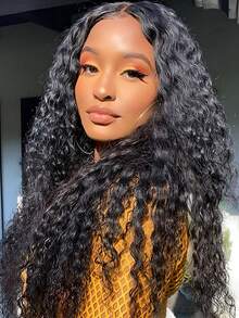 40inch 250% Density Deep Wave Lace Front Wigs Human Hair Curly Lace Front Wig Human Hair Wig Pre Plucked 250% Density 13x4 Deep Wave Frontal Wig Transparent HD Lace Front Wigs Human Hair Wigs - Black - View 2
