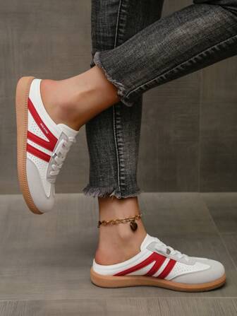 女士休闲运动鞋，春季新款复古风格低帮系带撞色一脚蹬运动鞋