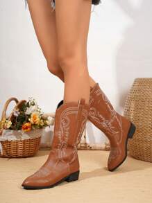 Women's Fashion Embroidered Leather Brown Western Boots, Pointed Toe Chunky Heel Mid-Calf Boots, Stylish Low Heel Chunky Heel Punk Chelsea Boots For Outdoor Casual And Fashion