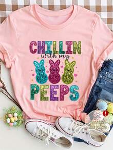 女士复活节兔子图案圆领休闲宽松 T 恤，节日派对礼物，适合所有季节