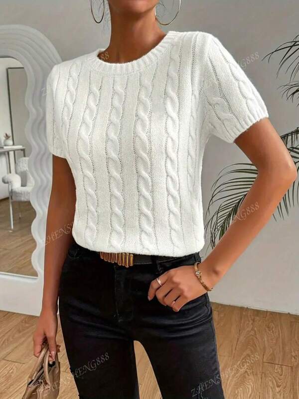 Short Sleeve Solid Color Knitted Casual Fabric With Cable Knit Pattern, Spring/Summer