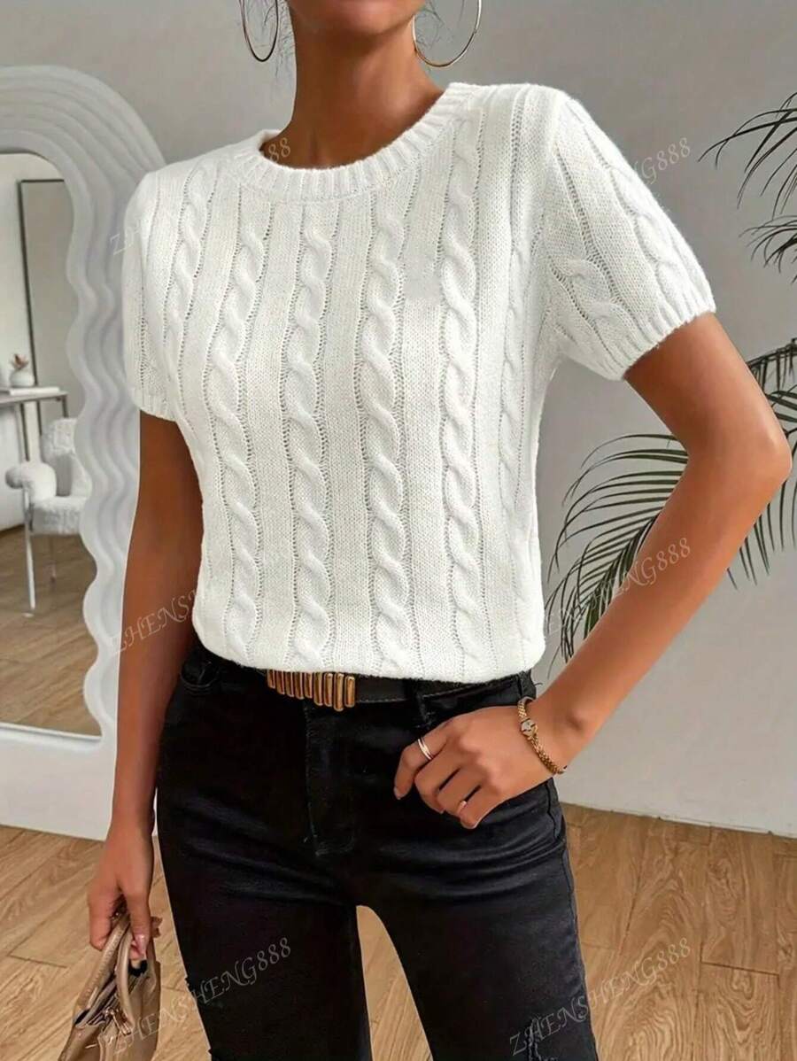 Short Sleeve Solid Color Knitted Casual Fabric With Cable Knit Pattern, Spring/Summer