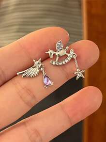 6pcs/Set Stylish Purple Geometric Unicorn, Starry Diamond, Heart & Moon Stud Earrings Set