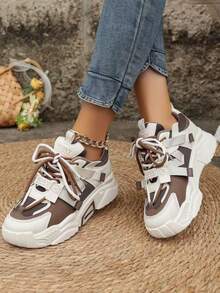 女士运动风格棕色织带字母装饰网眼运动鞋，户外透气百搭厚底运动跑步鞋 - 棕色 - 查看 4