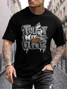 Camiseta de algodón con cuello redondo y gráfico "Trust No One" - Unisex, para todas las estaciones, lavable a máquina, negra con impresión blanca y gris, ajuste regular, ropa casual para hombres y mujeres - Negro - Ver 11