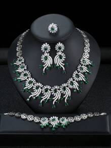 Set de 1 juego de 5 piezas de joyería de lujo con cubic zirconia, collar, aretes, pulsera, anillo con diseño de flor para mujeres, para ocasiones especiales