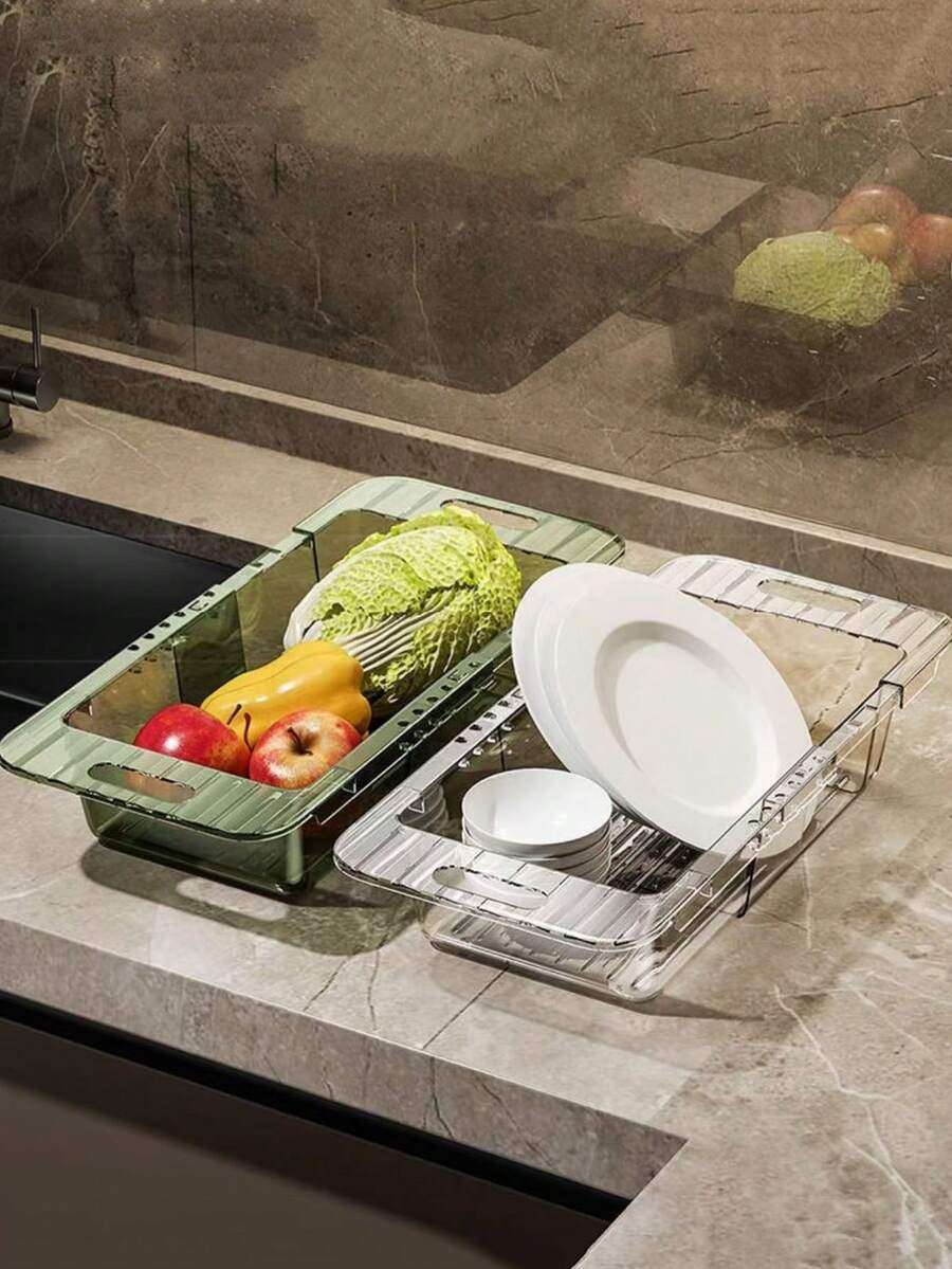 1pc Retractable Dish Drying Rack, Kitchen Sink Organizer Vegetable Washing Basket - Multicolor - View 1