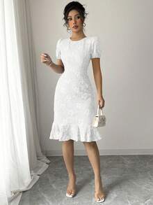 2025 Spring/Summer Women's Elegant Jacquard Solid Color Round Neck Ruffle Hem Puff Sleeve Mid-Length Dress - White - View 7