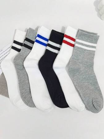 3双黑色条纹中筒袜休闲运动女袜