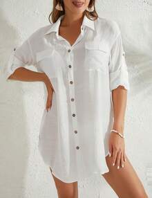 Mujer Traje de Baño Cubierta Botón Abajo Playa Blusa Manga Larga Bikini Cubierta Camisa para Vacaciones - Blanco - Ver 1