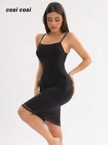 1 pezzo Vestito da donna nuovo per primavera/estate con inserti in pizzo, abito casual elegante e sofisticato senza maniche di colore unito adatto per uso interno/esterno