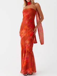 Women Y2k Floral Tube Maxi Dress With Scarf Sleeveless Strapless Backless Mesh Long Bodycon Dresses Formal Cocktail Sundress - 珊瑚橙 - 查看 3