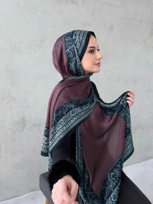 一件雪纺印花头巾，优雅奢华复古色系女士头巾披肩，可作头巾、头巾、长袍配饰、女士面纱，适合搭配连衣裙 - 多色1 - 查看 16