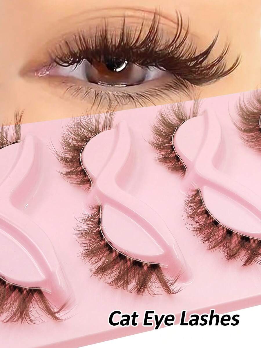 Rikuaild 5 Pairs Brown Cat Eye False Eyelashes, Transparent Band Fox Eye Fake Lashes, Brown Faux Mink Lashes, Criss-Cross Fluffy Wispy False Eyelashes, Natural Look Lashes, Eyelash Extension Makeup - 眼尾拉長款 - 查看 1