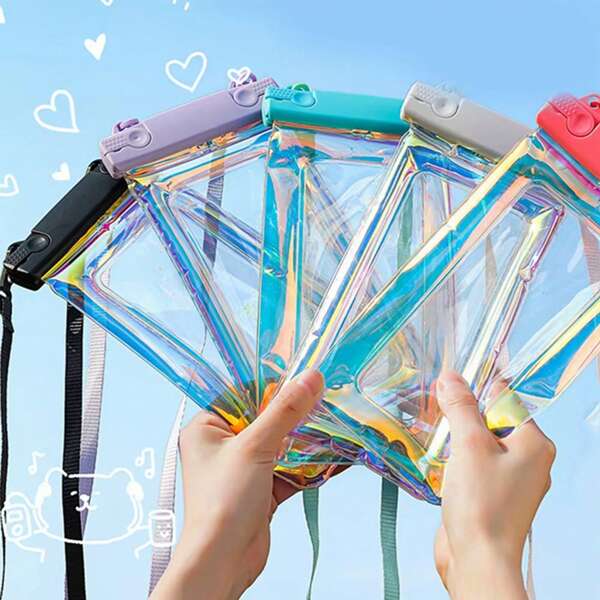 1 pieza Bolsa impermeable para teléfono con pantalla táctil clara y resistente a caídas, con efecto holográfico, para natación, playa y deportes al aire libre