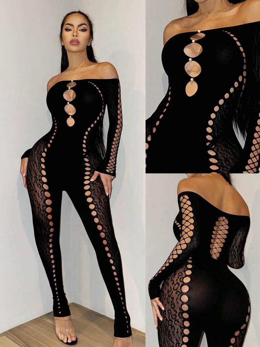 Women High Elastic Black Off-Shoulder Mesh Hollow Bodycon Jumpsuit - màu đen - Xem 1