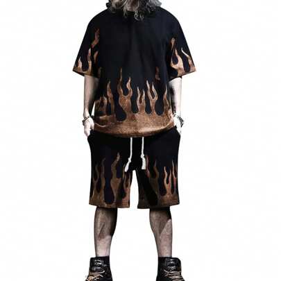 Men's 2 Piece Set Short Sleeve T-Shirts And Shorts Summer Beach Flame Printing Set