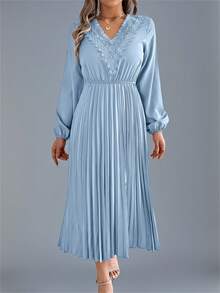 Autumn Elegant V-Neck Lace Trim Dress Wrap Waist Flowy Midi With Pleated Skirt  Long Sleeves Solid Color Light Blue Wedding Dress - 淺藍色 - 查看 3